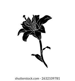 Silhueta preta desenhada à mão da flor de lírio com tronco e linocut de folha. Mês de nascimento monocromático maio flor. Ilustração vetorial botânica isolada em branco.