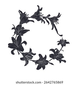 Hand drawn black silhouette of lily flowers wreath. Vintage monochrome card template with cute floral frame. Botanical vector illustration isolated on white.