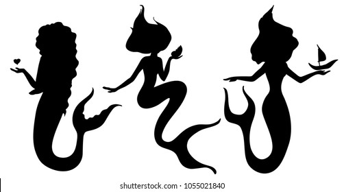 Hand drawn black silhouette mermaid isolated on white background. Vector illustration. Sea theme.