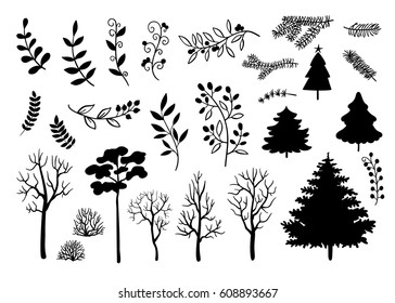 Hand drawn black silhouette of trees, branches, leaves set. Birch, beech, pine. Vector decoration elements isolated on white background.