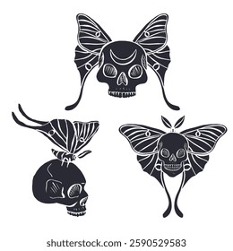 Hand drawn black silhouettes of human skulls with luna moth wings set isolated on white background. Monochrome Bohemian skeleton heads with butterfly design bundle