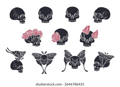 Hand drawn black silhouettes of human skulls with luna moths and roses set isolated on white background. Monochrome Bohemian skeleton heads with butterfly design bundle