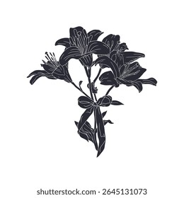 Hand drawn black silhouettes of lily flowers beautiful romantic bouquet with cute bow knot. Botanical vector illustration isolated on white.