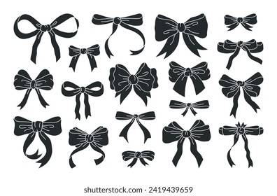 Hand drawn black silk bows. Bows silhouettes for holidays present boxes, bows silhouette flat vector illustration set. Birthday gifts ribbon decoration