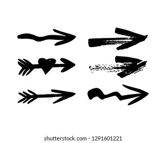 Hand drawn black six different arrows on white. Vector illustration. As decorative element for web, print.