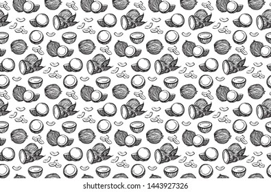 Hand drawn black sketch coconuts outline seamless pattern. Vector ink drawing coco fruits. Graphic illustration, isolated on white background.