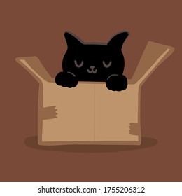 Hand drawn black sleeping kitten in a cardboard box on the brawn background