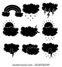 Hand drawn black solid weather icons set vector. Hand drawn black and white weather symbols. Cloud and sky