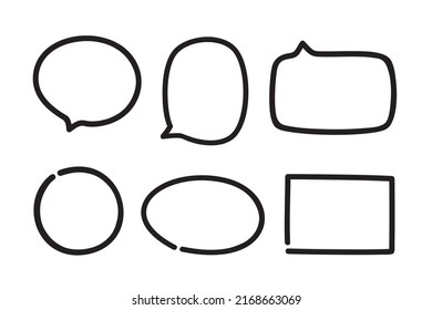 Hand dibujó una burbuja de habla negra en blanco. Resumen de elementos simples. Un conjunto de burbujas de pensamiento y de expresión. Ilustración en blanco y negro
