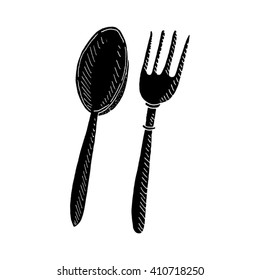 Hand drawn black spoon and fork on a white background. Vector illustration