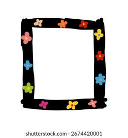 Hand drawn black square frame with little colorful flowers isolated on a white background.