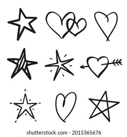 Hand drawn black stars on isolated white background. Freehand art. Black and white illustration