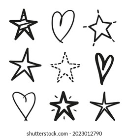 Hand drawn black stars on isolated white background. Freehand art. Quick simple sketches. Black and white illustration