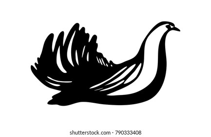 Hand drawn black stylized bird. Vector illustration. Isolated on white background for emblem or logo.