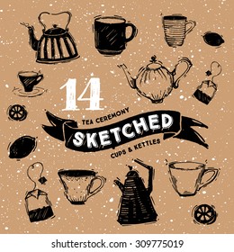 Hand drawn Black tea ceremony sketched elements. Vector illustration. Cups and kettles
