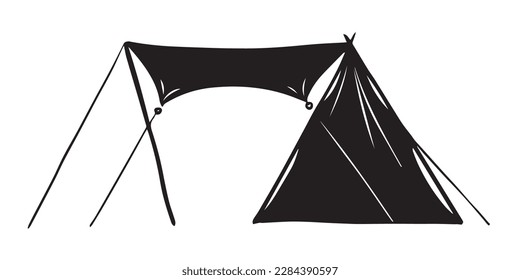 Hand drawn black tent silhouette, white background illustration.