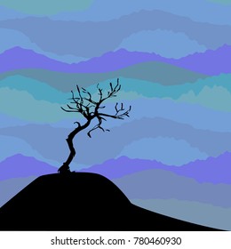 Hand drawn black tree without leaves isolated on foggy smoky misty background. Branches of small plant on vector illustration. Simple sketch.