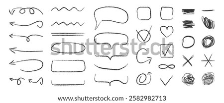 Hand drawn black Typography lines with charcoal texture. Isolated Doodle Vector arrows, crosses, marks, checkmarks, strike through, underline, lines, parentheses, scribbles. Ink brush lines.