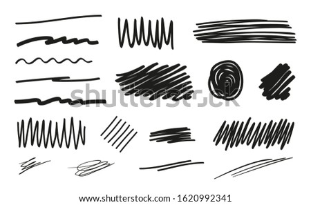 Hand drawn black underlines on white. Stroke chaotic patterns. Black and white illustration. Sketchy elements for posters and flyers