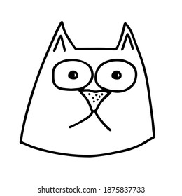 Hand drawn black vector illustration a portrait of a beautiful sad adult young cat with big sad eyes isolated on a white background