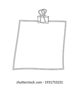 Hand drawn black vector illustration of a metalic Binder Clip with a piece of paper with copy space isolated on a white background