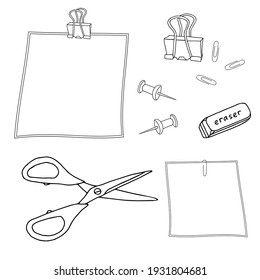 Hand drawn black vector illustration of stationery tools Clips, piece of paper, scissors, pins, eraser isolated on a white background