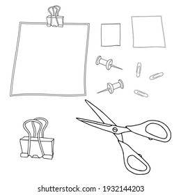 Hand drawn black vector illustration of stationery tools Clips, piece of paper, scissors, pins isolated on a white background