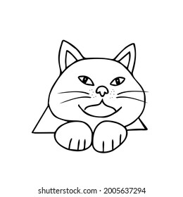 A Hand drawn black vector illustration a portrait of a beautiful fat adult young cat with big eyes isolated on a white background