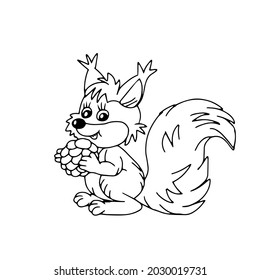 A Hand drawn black vector illustration of a beautiful young squirrel with a big cone and a long fluffy tail isolated on a white background