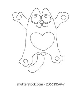 Hand drawn black vector illustration a portrait of a beautiful fun adult young cat with big loving eyes and heart isolated on a white background