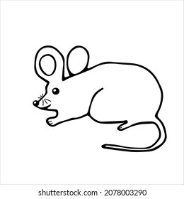 A Hand drawn black vector illustration of a beautiful adult young mouse with a long tail isolated on a white background