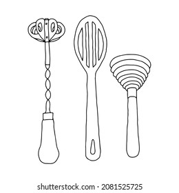 A Hand drawn black vector illustration of a silicone spoon skimmer and metallic egg whisk with wooden handle isolated on a white background