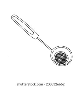 A Hand drawn black vector illustration of a metal skimmer isolated on a white background
