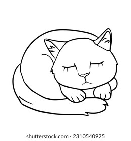 A Hand drawn black vector illustration a portrait of a beautiful fun adult young cat is sleeping on a white background