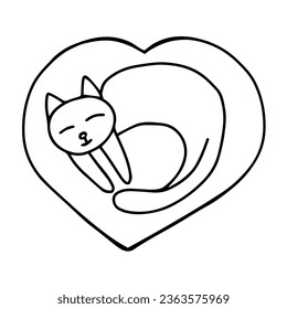 Hand drawn black vector illustration a portrait of a beautiful fun adult young cat is sleeping on a on a heart-shaped pillow on a white background