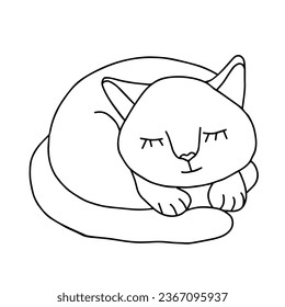 A Hand drawn black vector illustration a portrait of a beautiful fun adult young cat is sleeping on  a white background