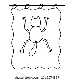 A Hand drawn black vector illustration a fun cute adult young cat is hanging on the curtain on a white background
