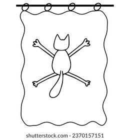 A Hand drawn black vector illustration a fun cute adult young cat is hanging on the curtain on a white background