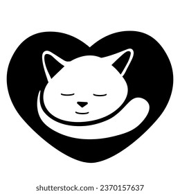 A Hand drawn black vector illustration a portrait of a beautiful fun adult young cat is sleeping on a heart-shaped pillow on a white background