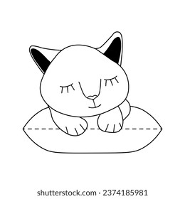 A Hand drawn black vector illustration a portrait of a beautiful fun adult young cat is sleeping on a pillow on a white background