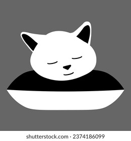 A Hand drawn black vector illustration a portrait of a beautiful fun adult young cat is sleeping on a pillow on a white background