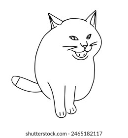 Hand drawn black vector illustration a portrait of a beautiful scared adult young cat with big sad eyes isolated on a white background