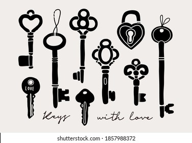 Hand drawn black Vector Keys. Various vintage, old, antique and modern Keys with various heads. Different types, sizes. All elements are isolated