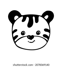 Hand drawn black vector line art, animal tiger on white background isolated for use in design, greeting card, logo, doodle illustrations