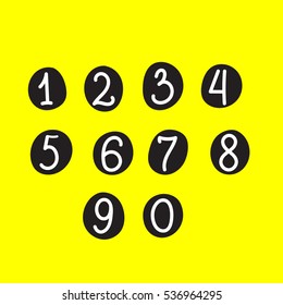 Hand drawn, black vector scribble numbers isolated on yellow