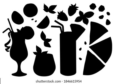 Hand drawn black vector set of silhouettes of summer cocktails and ingredients. Stock illustration of healthy food isolated on white background.