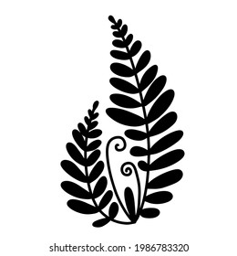   Hand drawn black vector silhouette of fern isolated on white background. Stock illustration of forest plant.