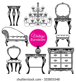 Hand drawn black vintage furniture set in  baroque style on white background  isolated  vector illustration 