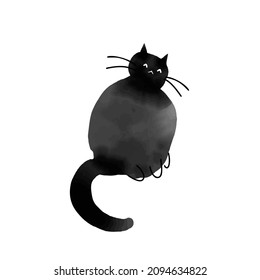 Hand drawn black watercolor texture cat, with minimalistic ink stroke whiskers and paws, isolated vector illustration