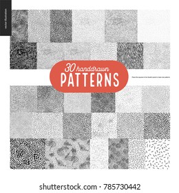 Hand drawn black and white 30 patterns set. Fur or leaves seamless black and white patterns